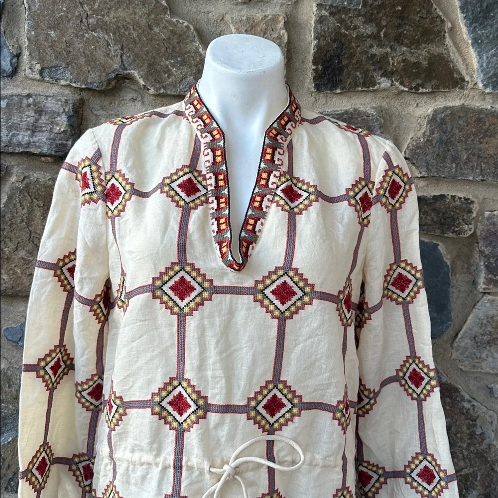 New Tory Burch Embroidered Linen And Cotton Tunic Blouse size 8